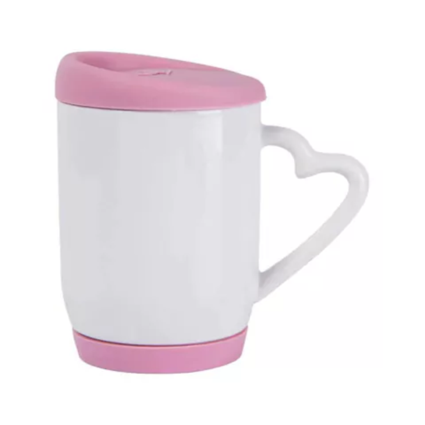 Caneca ceramica tampa silicone Rosa alça de coração