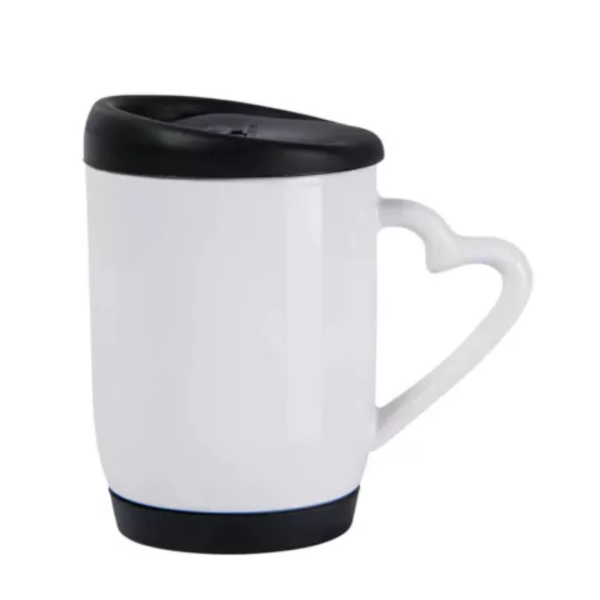 Caneca ceramica tampa silicone Preto alça de coração